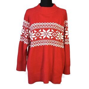 TALBOTS Sweater Plus size Red Fair Isle Mock Neck Knit Thermolite